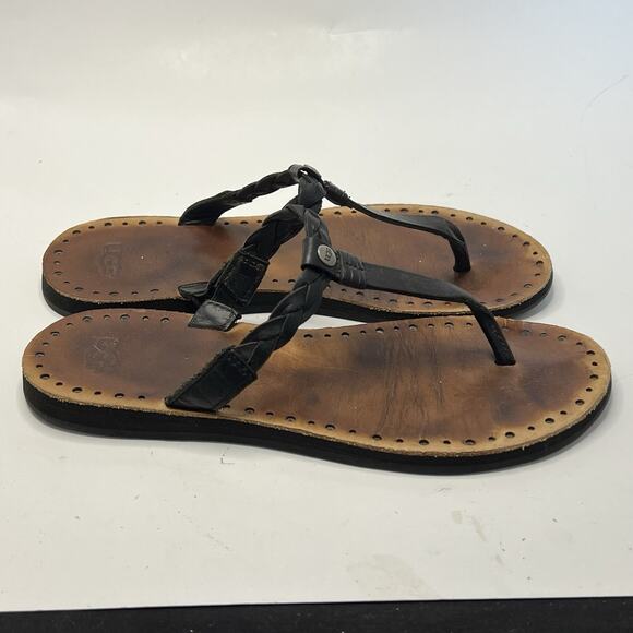 UGG Australia Bria Black Tan Braided Leather Flip Flop Sandals Women’s 7 Basic - Picture 6 of 9